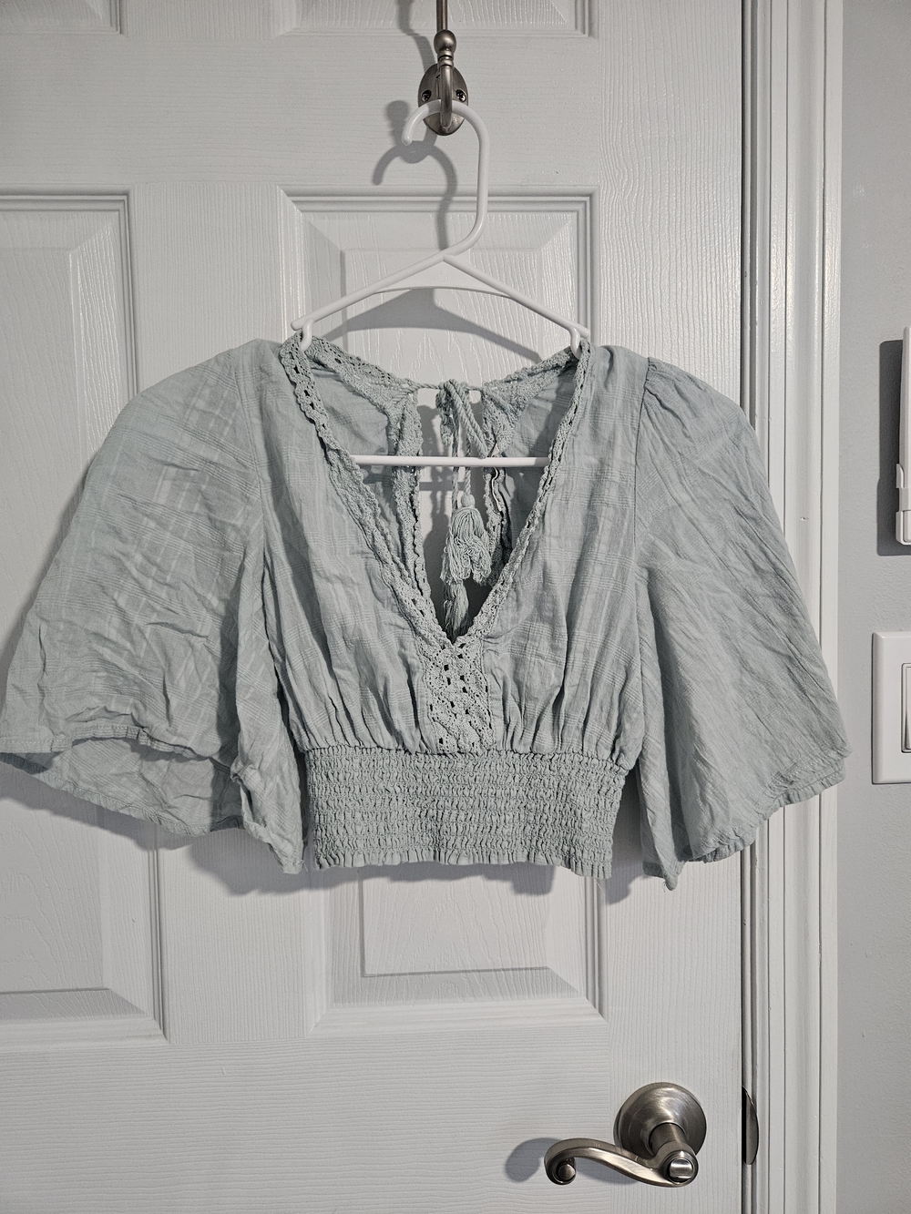 Timing Light Blue Crochet-Trim Smocked Crop Top